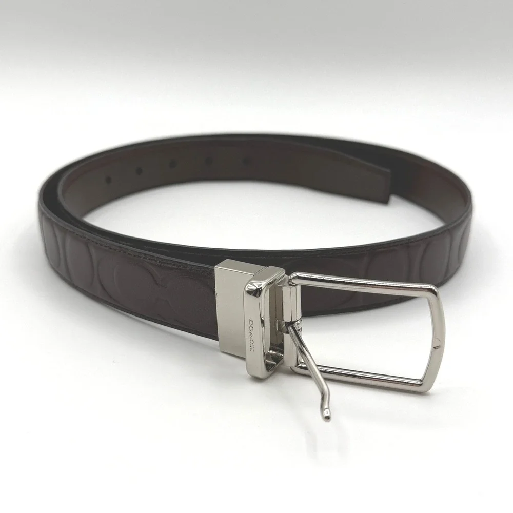 Coach Belt Mens Medium Brown Signature Debossed Reversible Leather Silver Buckle